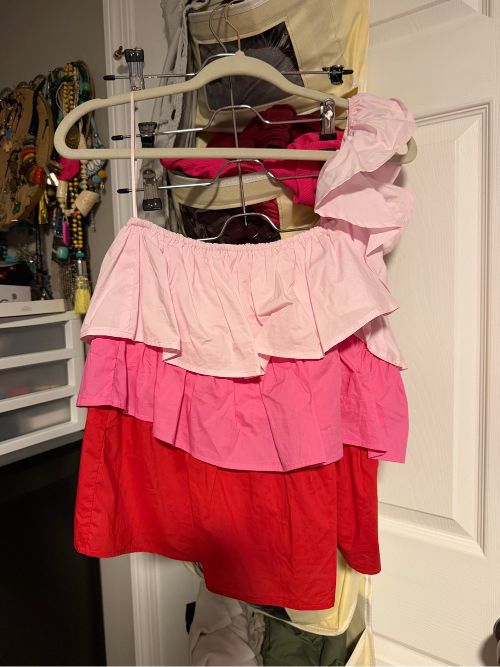 Women’s Ruffle Tiered One-Shoulder Top in Pink and Red